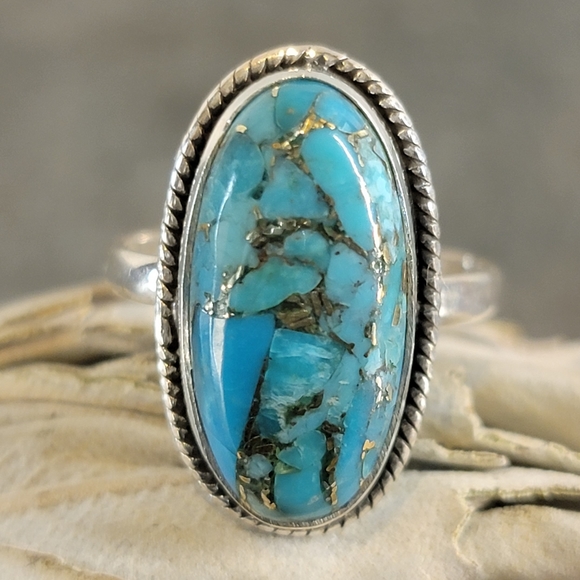 Vintage Jewelry - Native Turquoise Gemstone Ring 6 Sterling Silver 925 Boho Jewelry Silversmith